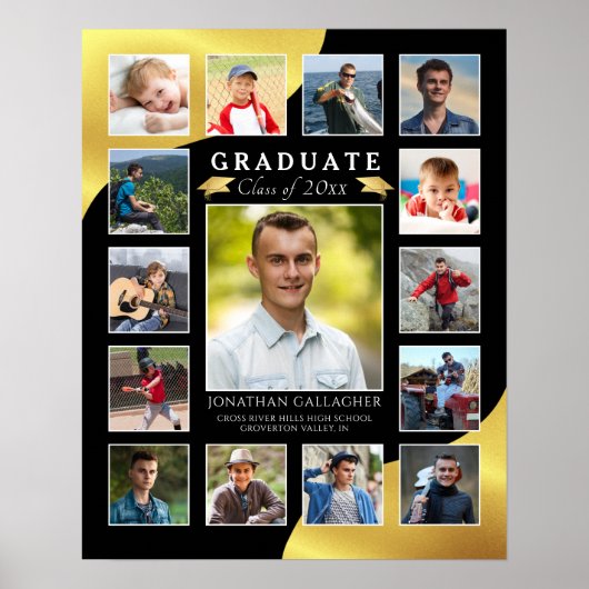 Graduate Black Metallic Gold 15 FotoCollage Poster (Vorne)