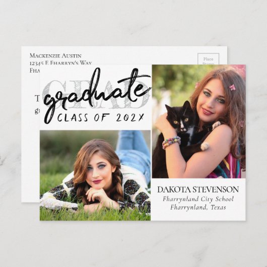 Graduate Chic Script | Einfach 2 Foto Vielen Dank Postkarte (Vorne/Hinten)
