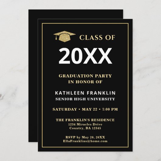 Graduate Class Abschluss Gold Schwarze Elegante Einladung (Vorne/Hinten)