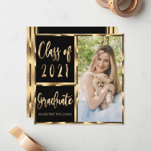 Graduate Class of 2021 Black and Gold Script Mitteilungskarte (Vorderseite/Rückseite Beispiel)