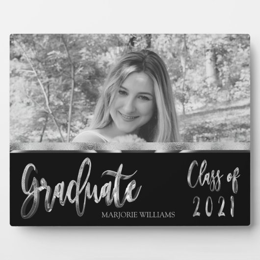 Graduate Class of 2021 Black and Silver Script Fotoplatte (Vorderseite)