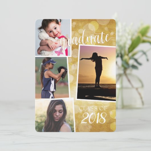 Graduate Class of 20__ Gold Bokeh mit 4 Bildern Einladung (Stehend Vorderseite)