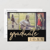 Graduate Collage | Gold Script 3 Foto Keepake Einladungspostkarte (Vorne/Hinten)