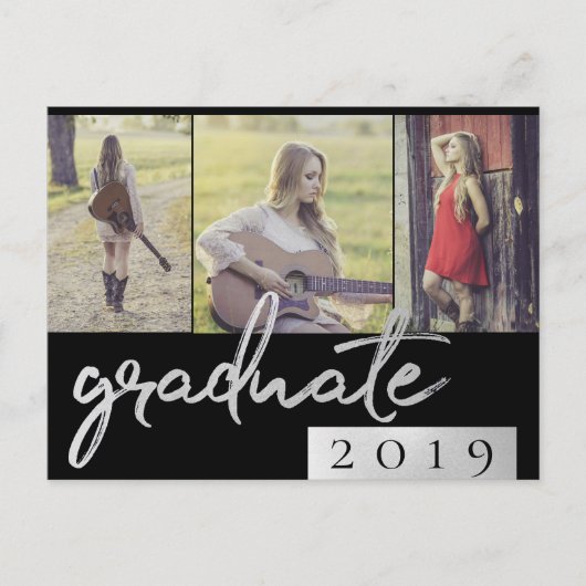 Graduate Collage | Silver Script Trendy 3 Foto Einladungspostkarte (Vorderseite)