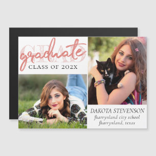 Graduate Coral Script Trendy 2 Foto Keepake Magneteinladung