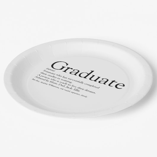 Graduate Definition Schwarz und Weiß Pappteller (Schrägansicht)