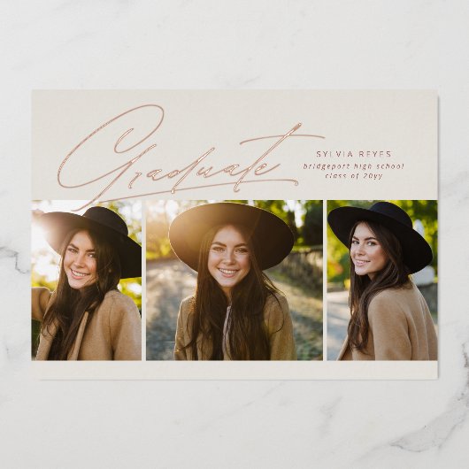 Graduate drei Foto einfache Rose Gold Abschluss Folieneinladung (Vorderseite)