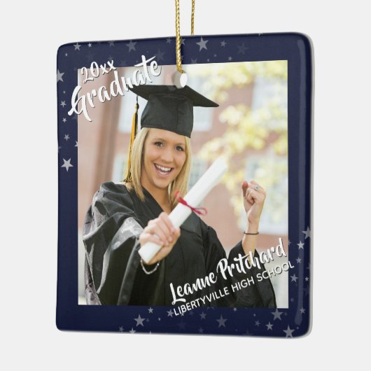 Graduate Editable Navy Blue & Stars Zwei-Foto Keramikornament (Links)