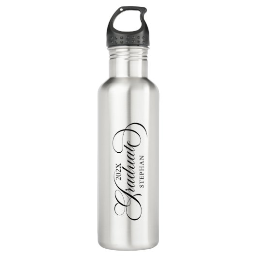 Graduate Elegant Black Script Typografy Edelstahlflasche (Vorderseite)