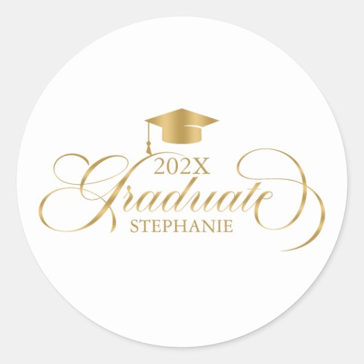 Graduate Elegant Gold Script Typografie Runder Aufkleber (Vorderseite)