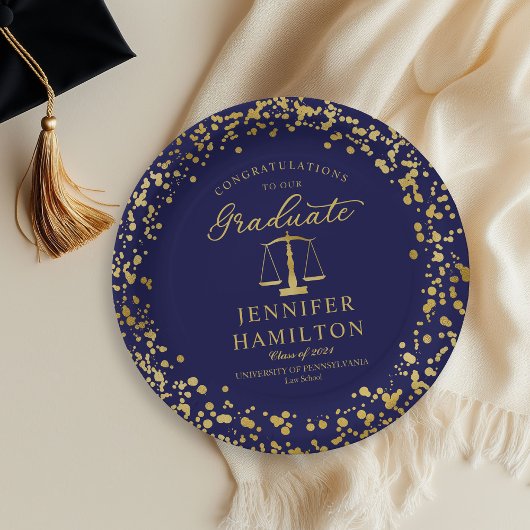 Graduate Elegante Gold Blue Law School Abschluss Pappteller