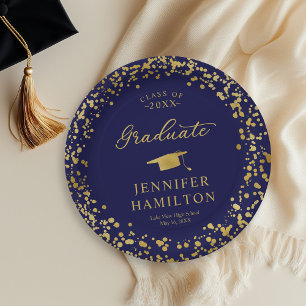 Graduate Elegante Gold Confetti auf blauem Abschlu Pappteller