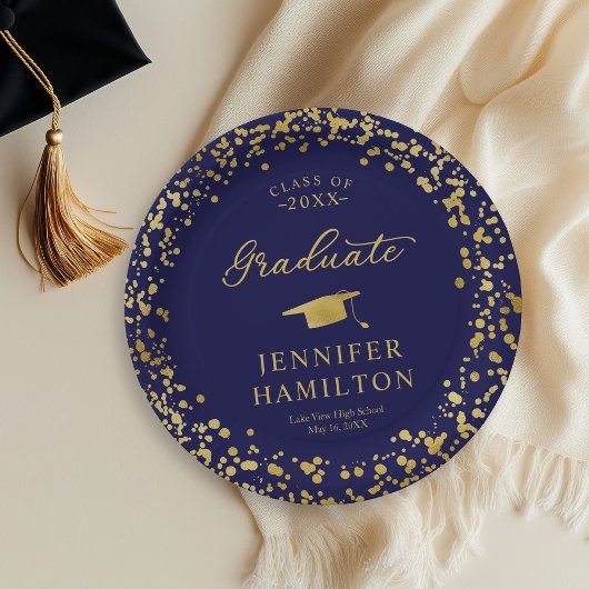 Graduate Elegante Gold Confetti auf blauem Abschlu Pappteller