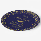 Graduate Elegante Gold Confetti auf blauem Abschlu Pappteller (Schrägansicht)