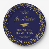 Graduate Elegante Gold Confetti auf blauem Abschlu Pappteller (Vorderseite)