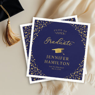 Graduate Elegante Gold Confetti auf blauem Abschlu Serviette