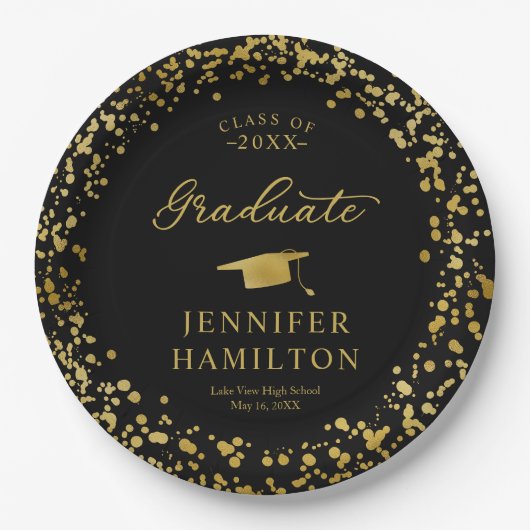 Graduate Elegante Gold Confetti auf dem Schwarzen Pappteller (Vorderseite)
