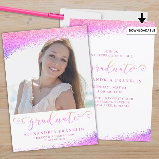 Graduate Extravagant Script Pink Imitats Glitzer F Einladung