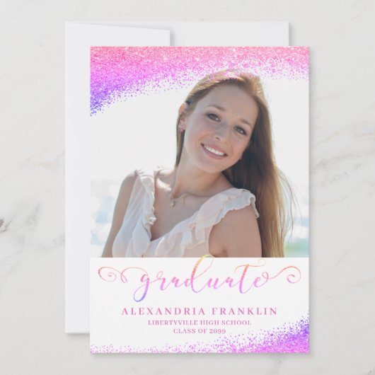 Graduate Extravagant Script Pink Imitats Glitzer F Einladung (Vorderseite)