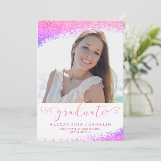 Graduate Extravagant Script Pink Imitats Glitzer F Einladung (Stehend Vorderseite)