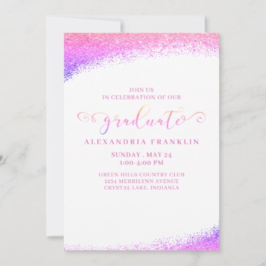Graduate Extravagant Script Pink Imitats Glitzer F Einladung (Rückseite)