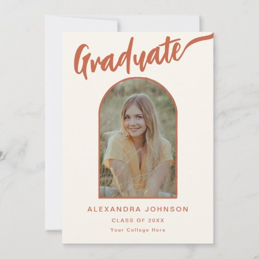 Graduate Foto Arch Burnt Orange Script Ankündigung (Vorderseite)