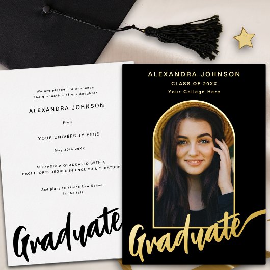 Graduate Foto Arch Stilvolle Script Black Gold Folieneinladung
