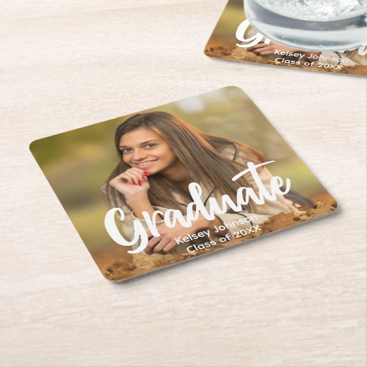 Graduate Foto Bold Script Custom Graduation Party Rechteckiger Pappuntersetzer (angewinkelt)