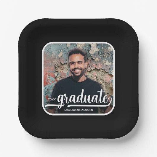 Graduate Foto Bold Script Graduation Party Black Pappteller (Vorderseite)
