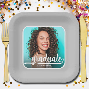 Graduate Foto Bold Script Grau Abschluss Pappteller