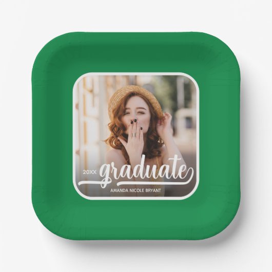 Graduate Foto Bold Script Green Abschluss Pappteller (Vorderseite)