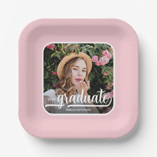 Graduate Foto Bold Script Pink Abschluss Pappteller (Vorderseite)