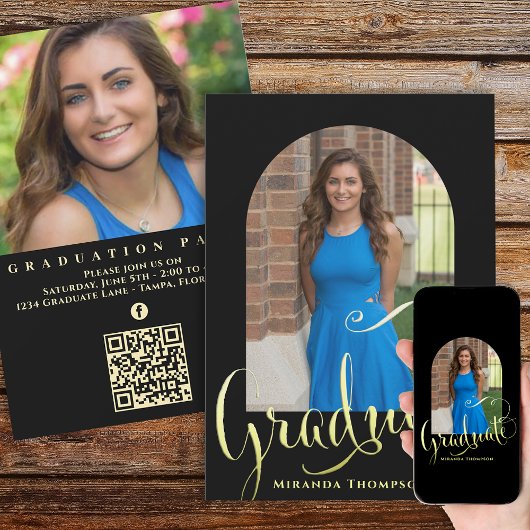 Graduate Foto Calligraphy Script Black Gold Arch Einladung