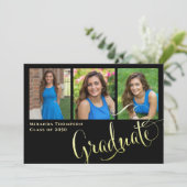 Graduate Foto Calligraphy Script Black Gold Einladung (Stehend Vorderseite)