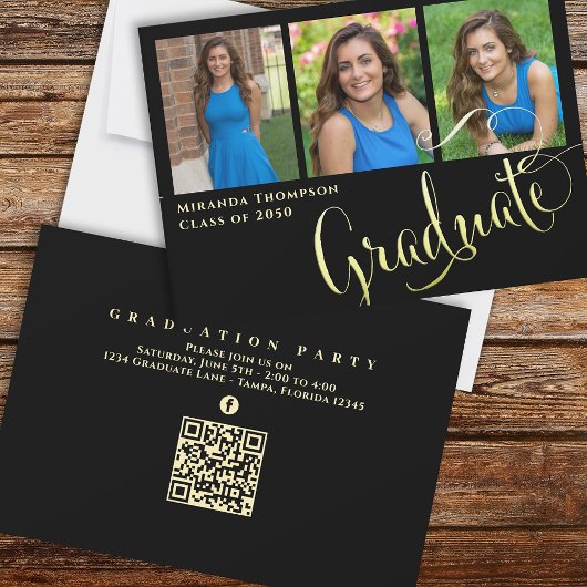Graduate Foto Calligraphy Script Black Gold Einladung
