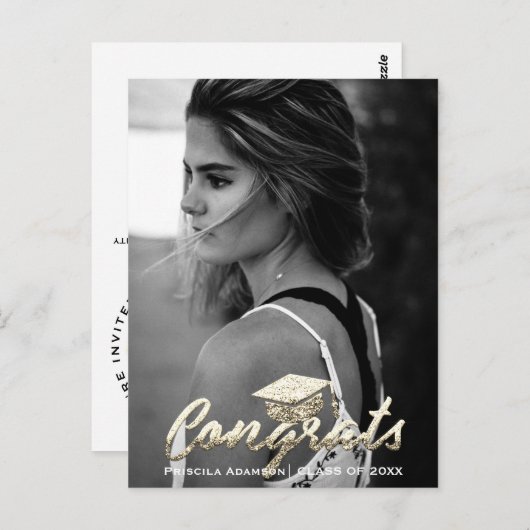 Graduate Foto Class of Year Name Gold Glitzer Postkarte (Vorne/Hinten)