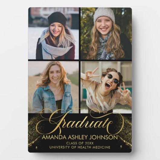 Graduate Foto Collage Black Gold Abschluss Fotoplatte (Vorderseite)