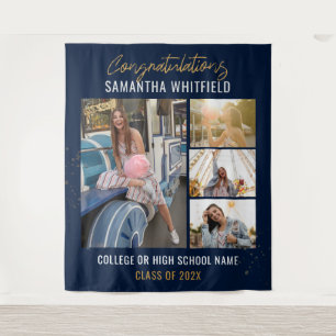 Graduate Foto Collage Navy Blue Party Hintergrund Wandteppich