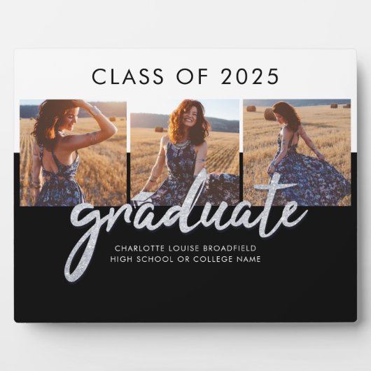Graduate Foto Collage Silver Script Grad Foto Fotoplatte (Vorderseite)