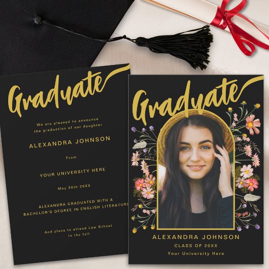 Graduate Foto Floral Arch Black and Gold Script Ankündigung