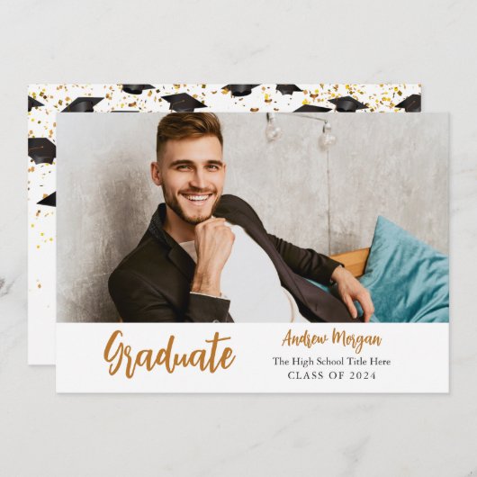 Graduate Foto Gold Confetti Graduation Cap Einladung (Vorne/Hinten)