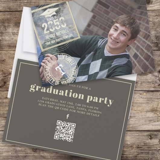 Graduate Foto Modernes Gold Cool Grad Briefmarke Q Einladung