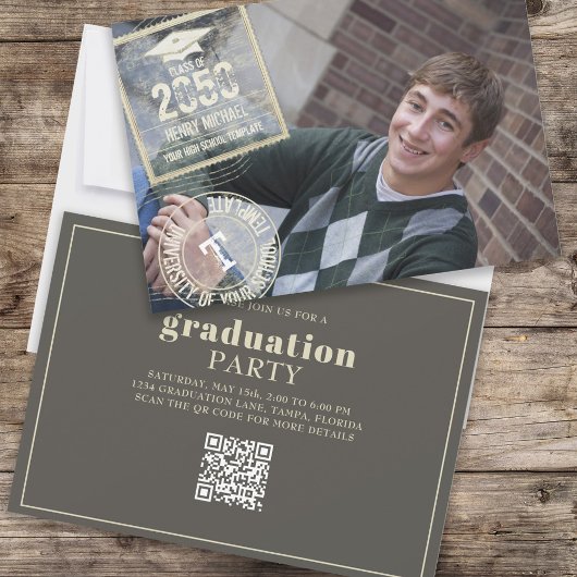 Graduate Foto Modernes Gold Cool Grad Briefmarke Q Einladung