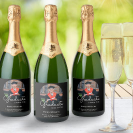 Graduate Foto Name Black Stylish Graduation Party Schaumweinetikett