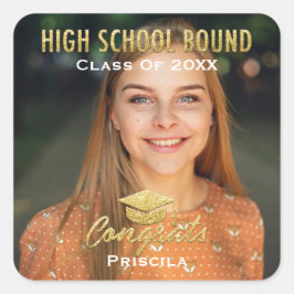 Graduate Foto Name Gold Glitzer High School Moden Quadratischer Aufkleber
