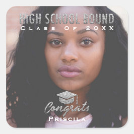 Graduate Foto Name Grau Glitzer High School Moden Quadratischer Aufkleber