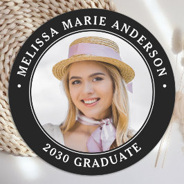 Graduate Foto Name Year Chic Black Abschluss Runder Aufkleber