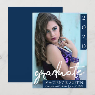 Graduate Foto   Navy Script Dark Blue Keepake Ankündigung