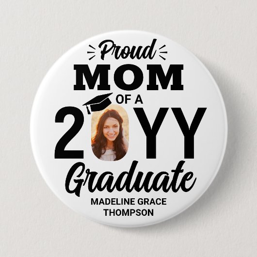 Graduate Foto Proud Mama Moderne Schwarz/Weiß Button (Vorderseite)