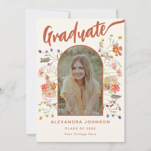 Graduate Foto Script Boho Floral Graduation Party Einladung (Vorderseite)
